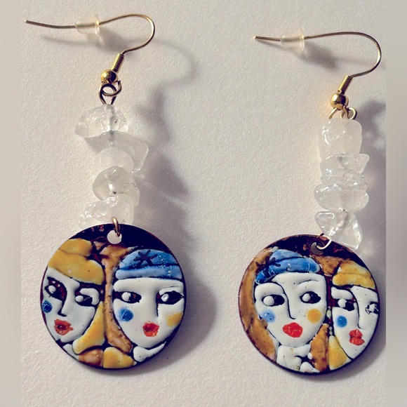 NWOT earrings Artisan Copper Enameled “Side-eye” faces, BFFs Quartz pierced 2.5” - Picture 4 of 9